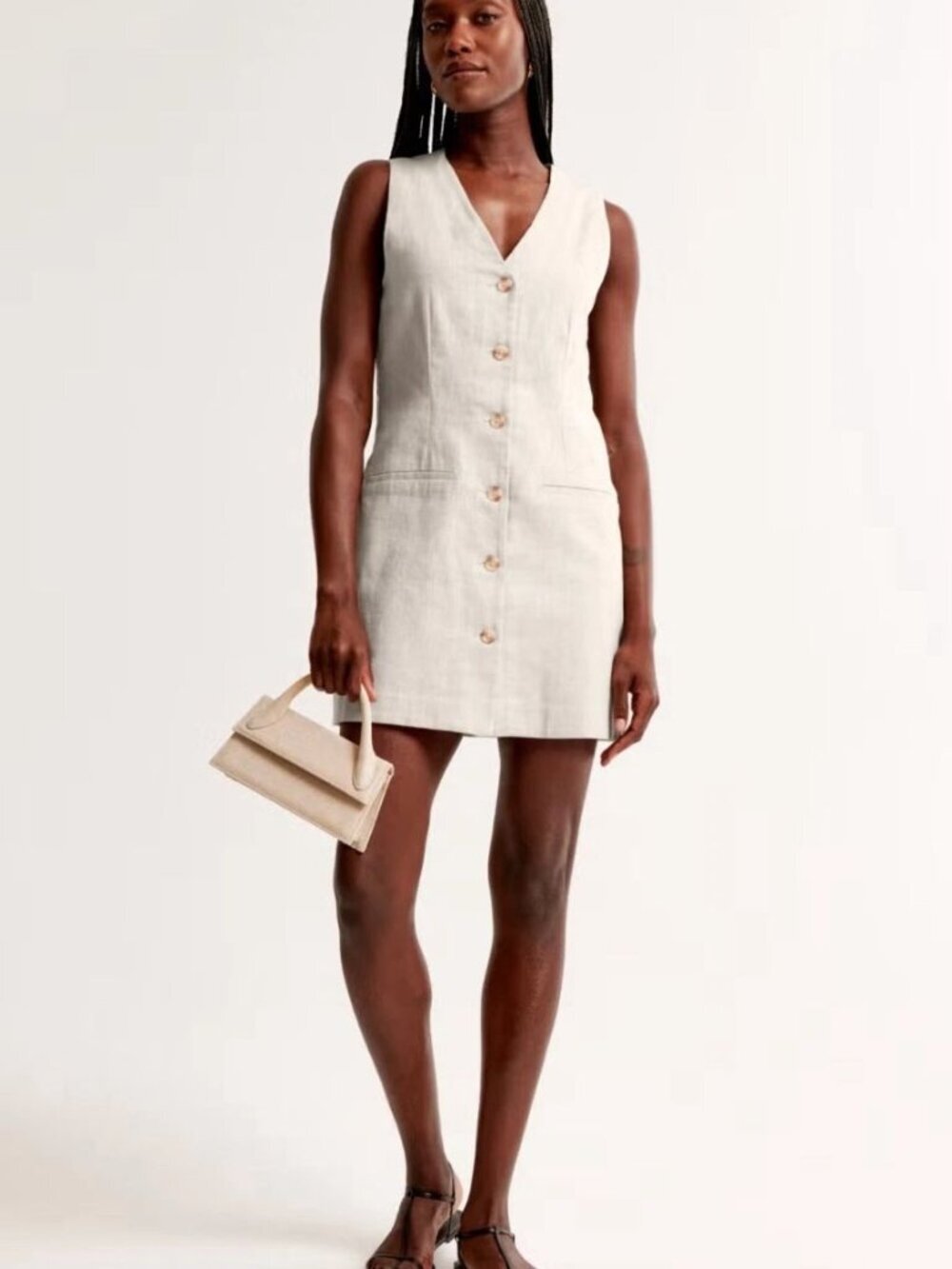 Abercrombie & Fitch AF Women ST Mara Linen Blend Vest Mini Dress Beige V Neck